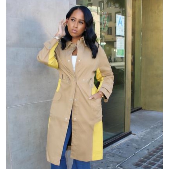 NWT Super Chic trench coat khaki w/yellow SZ L - Picture 8 of 9